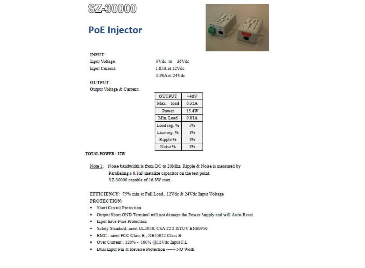 PoE Injektor Ethernet Injector IEEE802.3af DC IN: 9-36V DC OUT